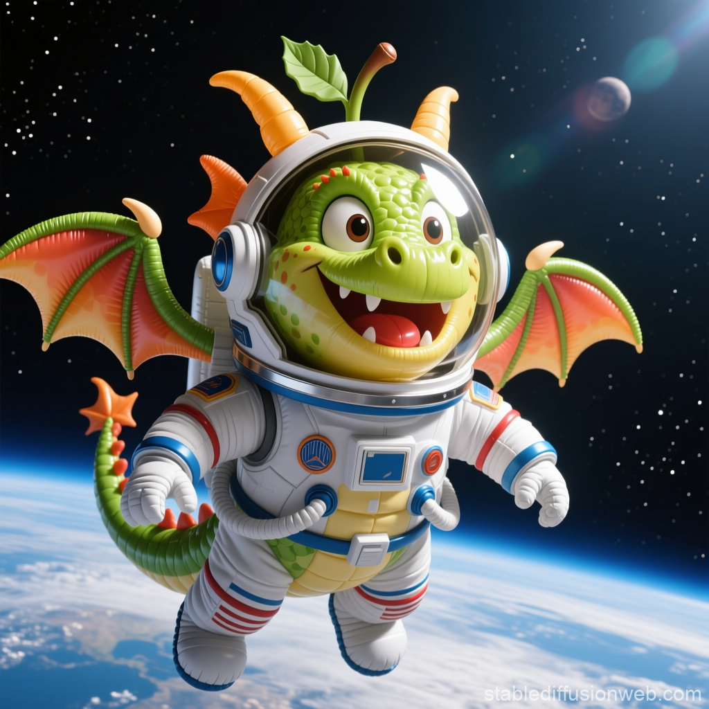 Cute Dragon in Astronaut Suit Floating in Space