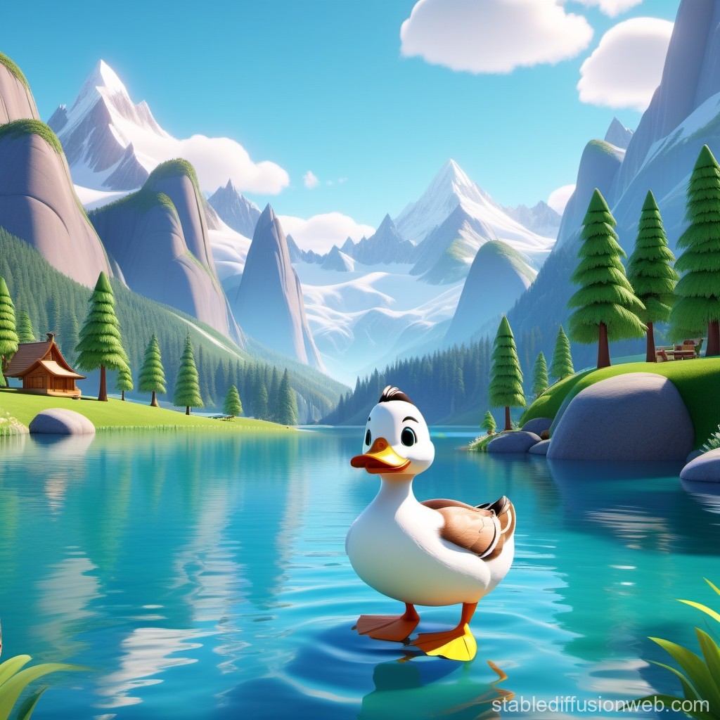 Cute Duck in a Serene Mountain Lake Landscape
