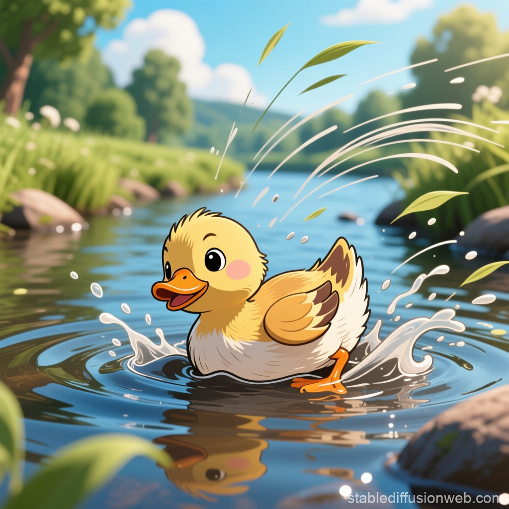 Cute Duckling Splashing in a Sunny River