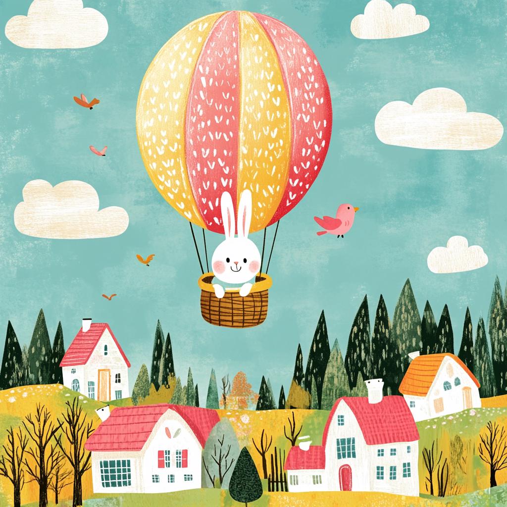 Cute Easter Bunny Flying in Hot Air Balloon Over Village
