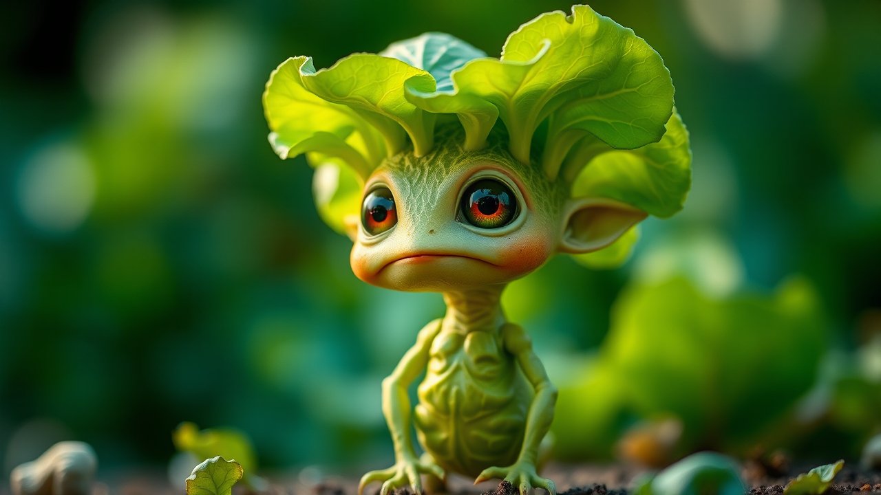 Cute Fantasy Creature with Lettuce Leaf Hat