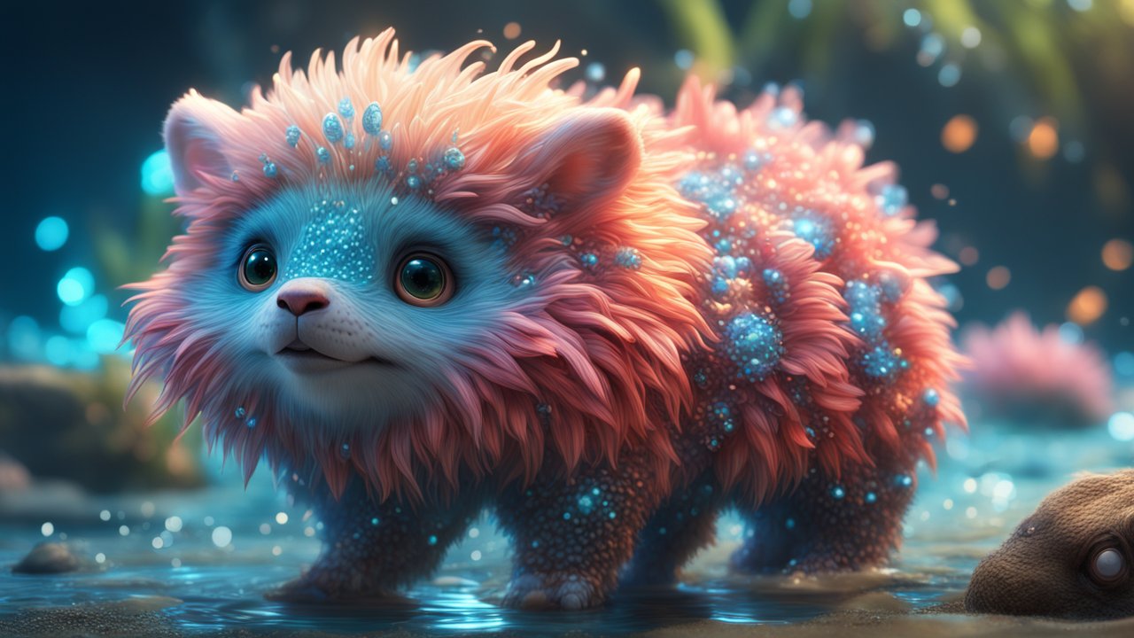 Cute Fantasy Creature with Vibrant Fur and Blue Orbs