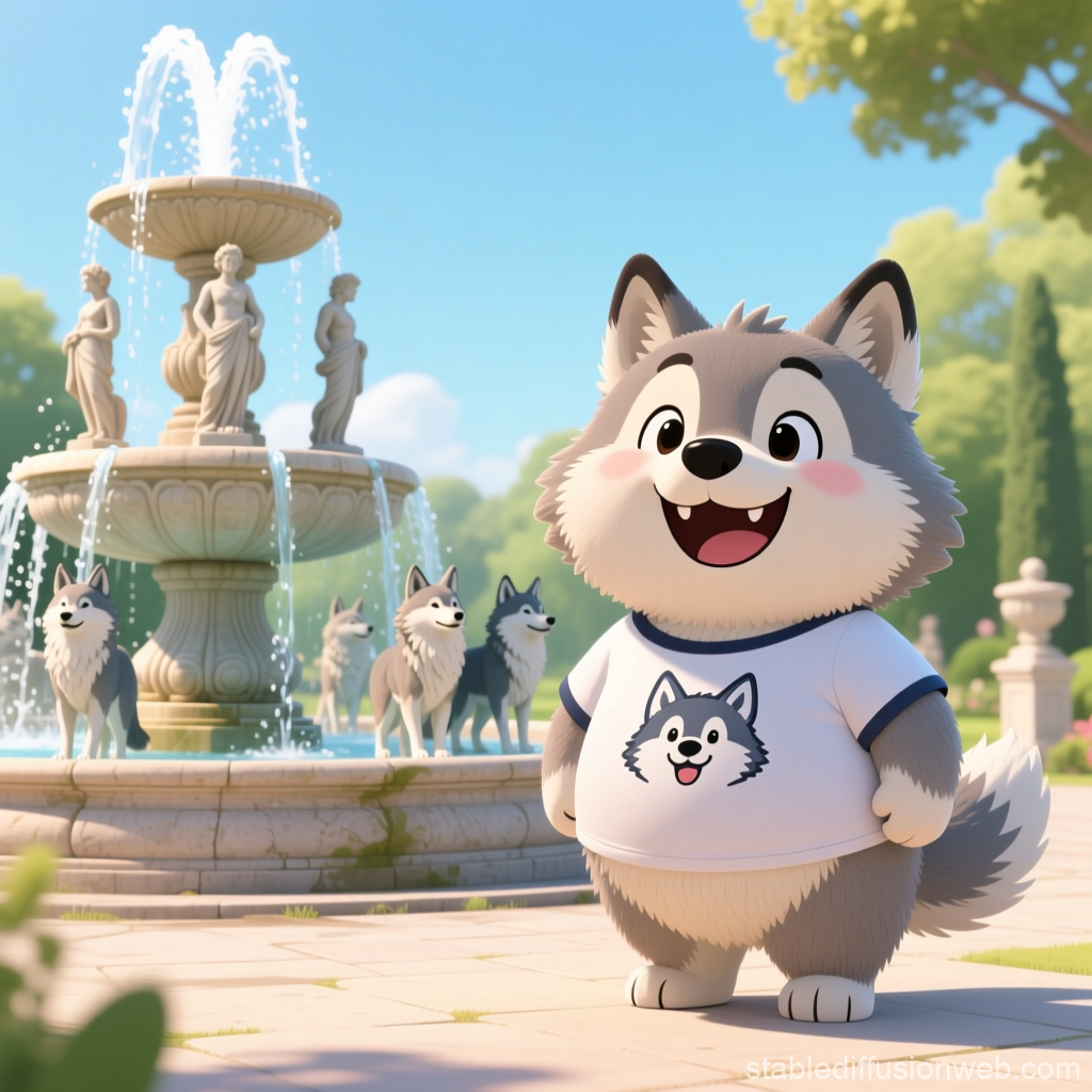 Cute Fluffy Wolf Character by Fountain in Sunny Park