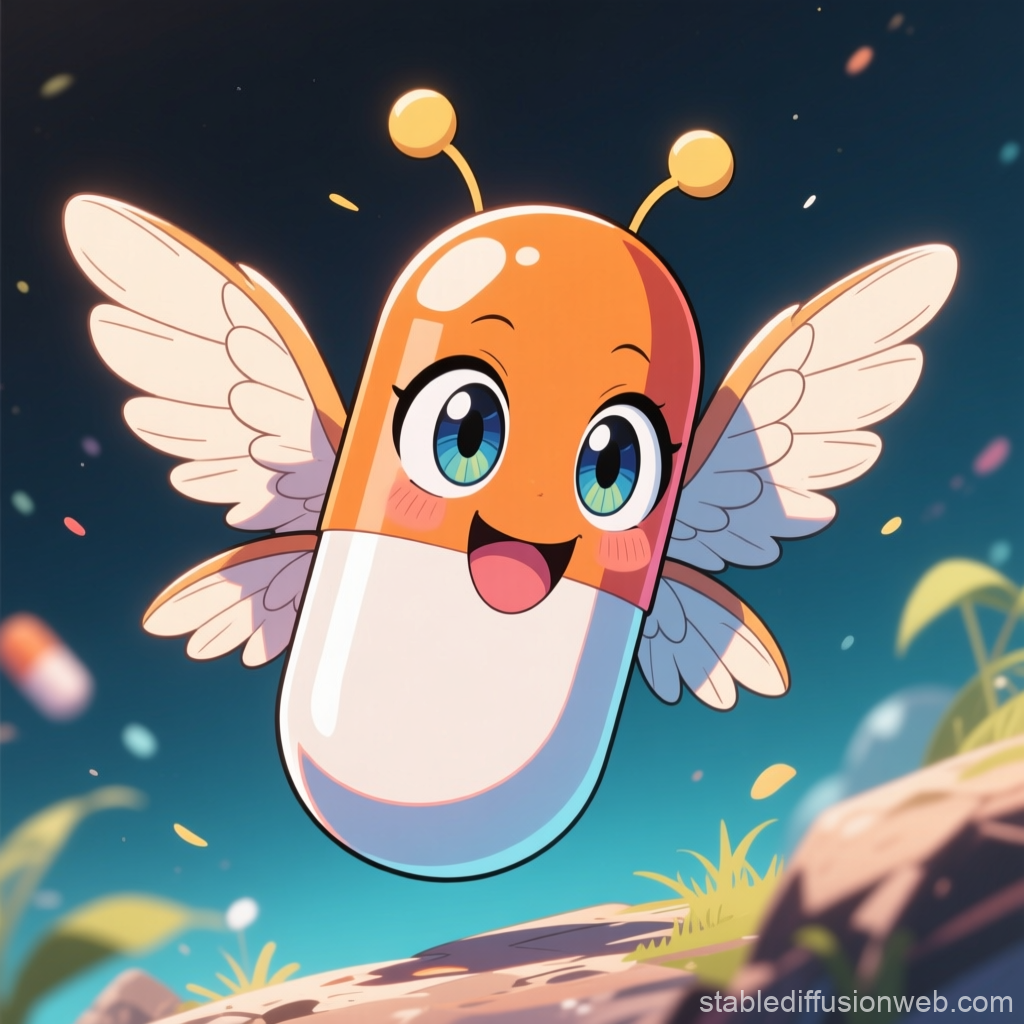 Cute Flying Pill Character with Wings in Anime Style