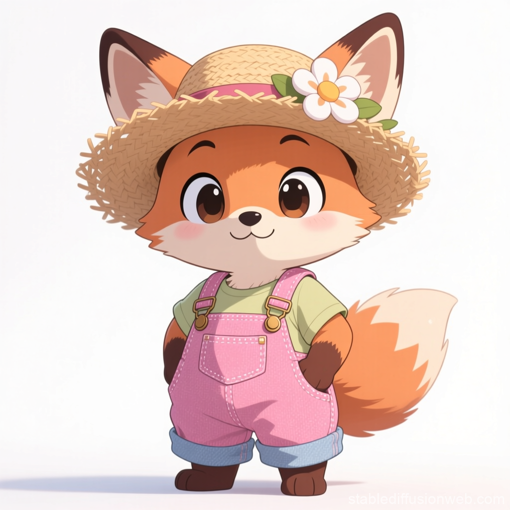 Cute Fox Cub in Pink Overalls and Straw Hat