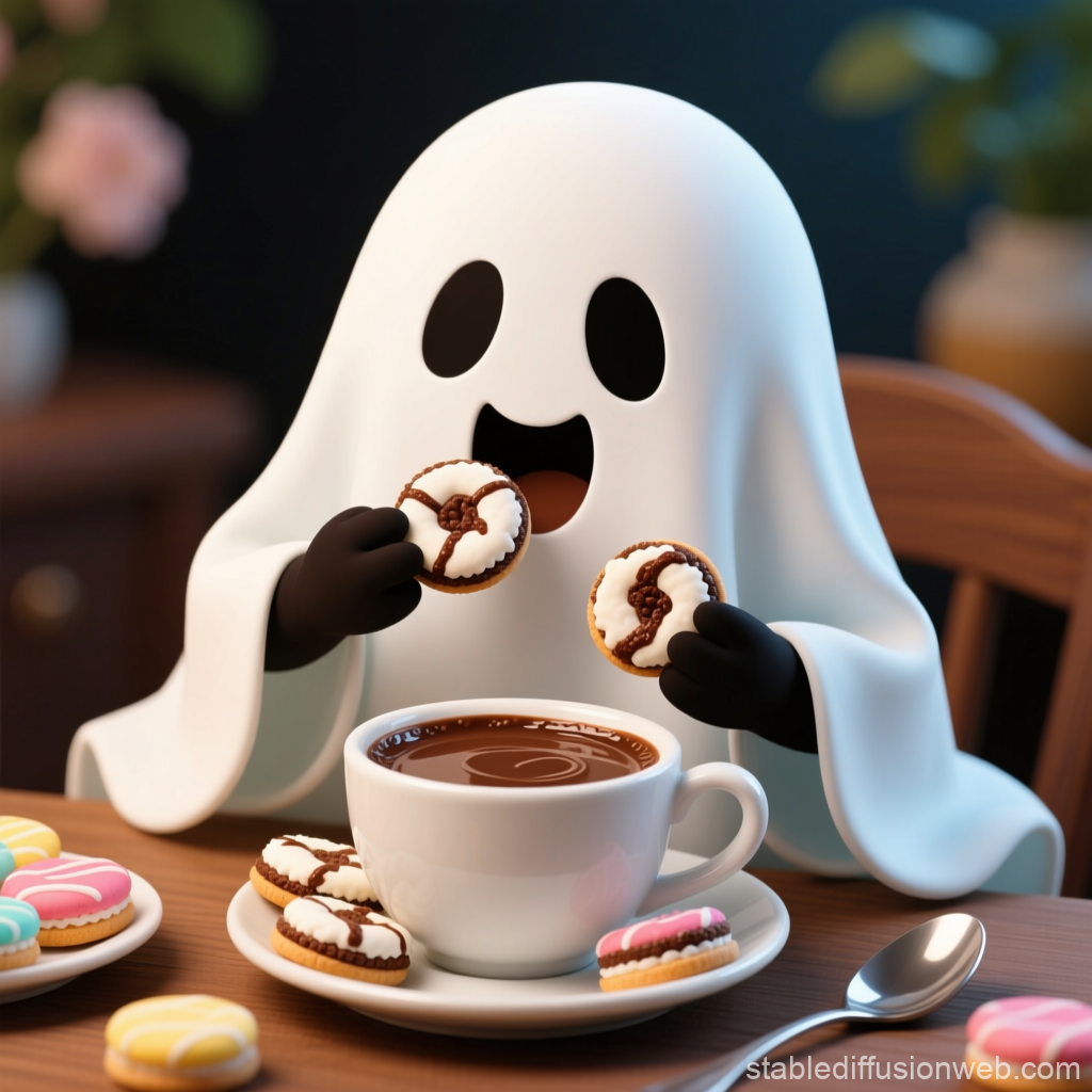 Cute Ghost Enjoying Cookies and Hot Chocolate