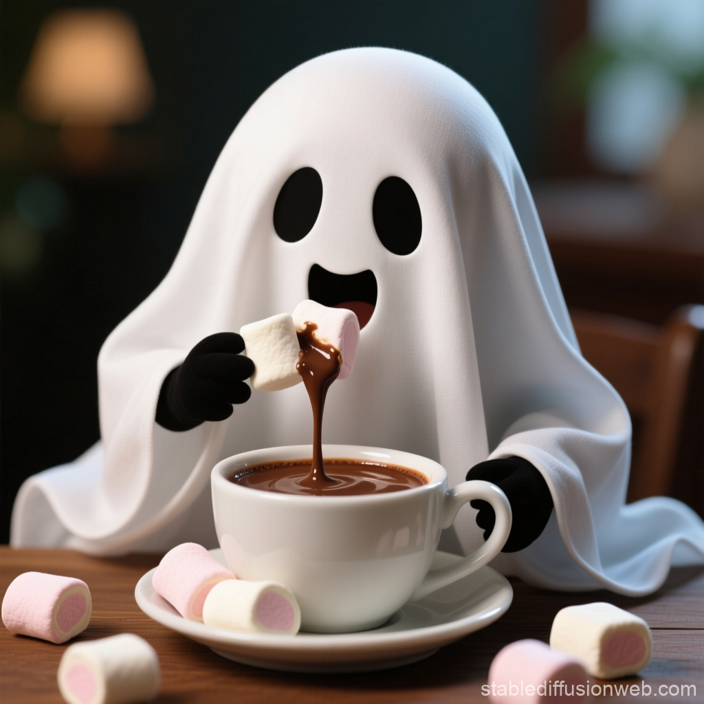Cute Ghost Enjoying Hot Chocolate with Marshmallows