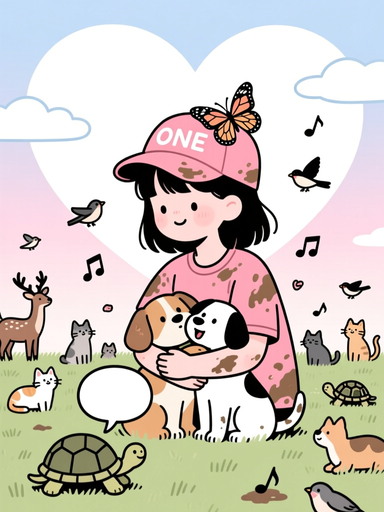 Cute Girl Hugging Dogs Surrounded by Animals in Cartoon Style