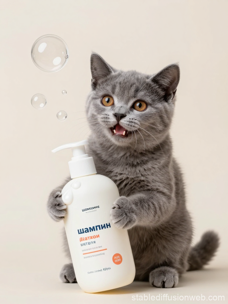 Cute Gray Kitten Holding Shampoo Bottle with Bubbles