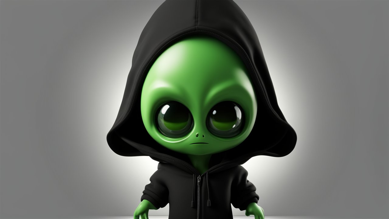 Cute Green Alien in Black Hoodie
