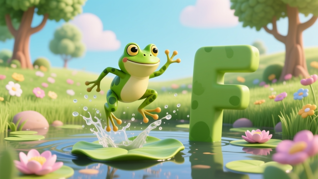 Cute Green Frog Jumping Over a Lily Pad Next to a Large Letter F