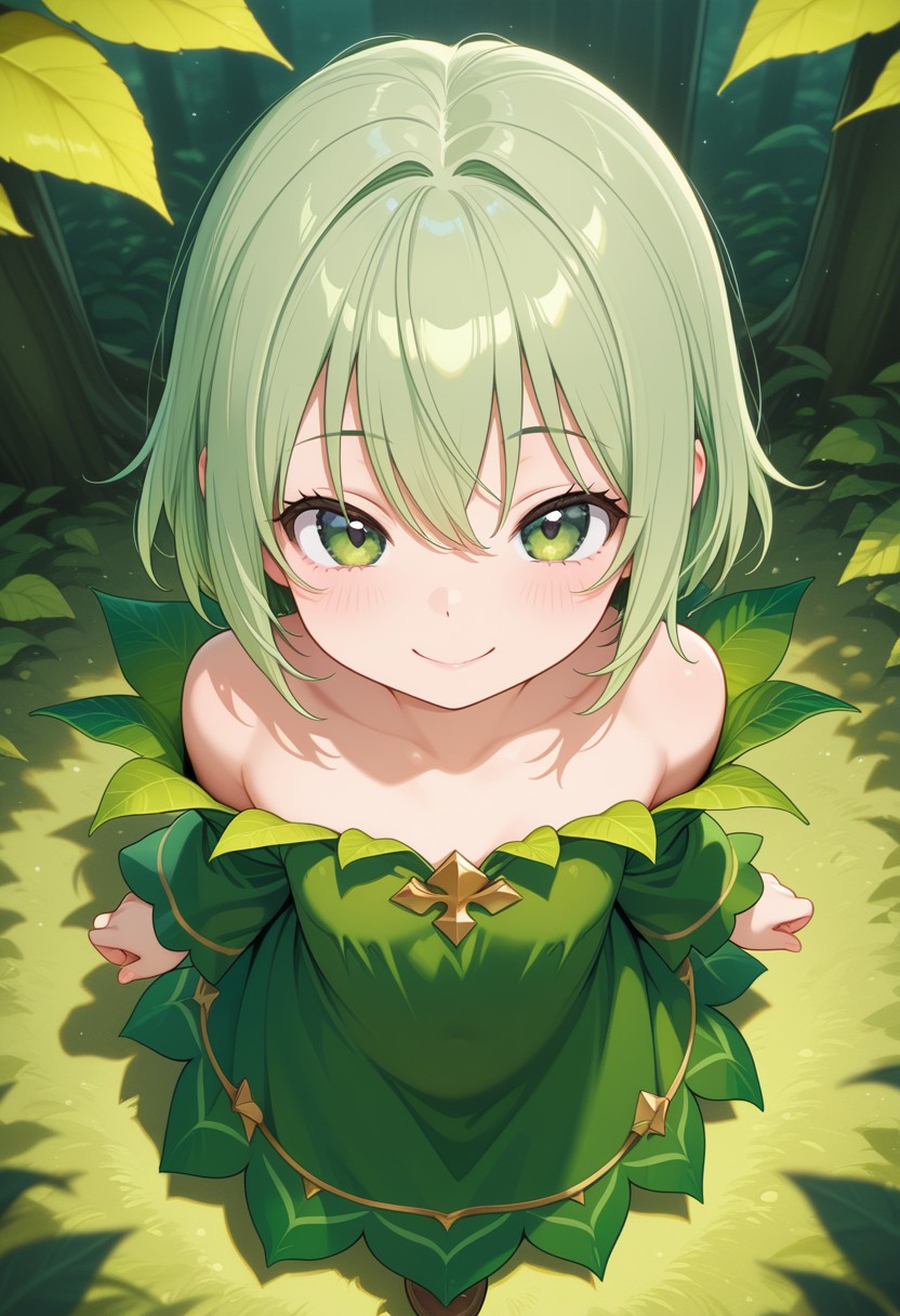 Cute Green-Haired Girl in Leafy Dress
