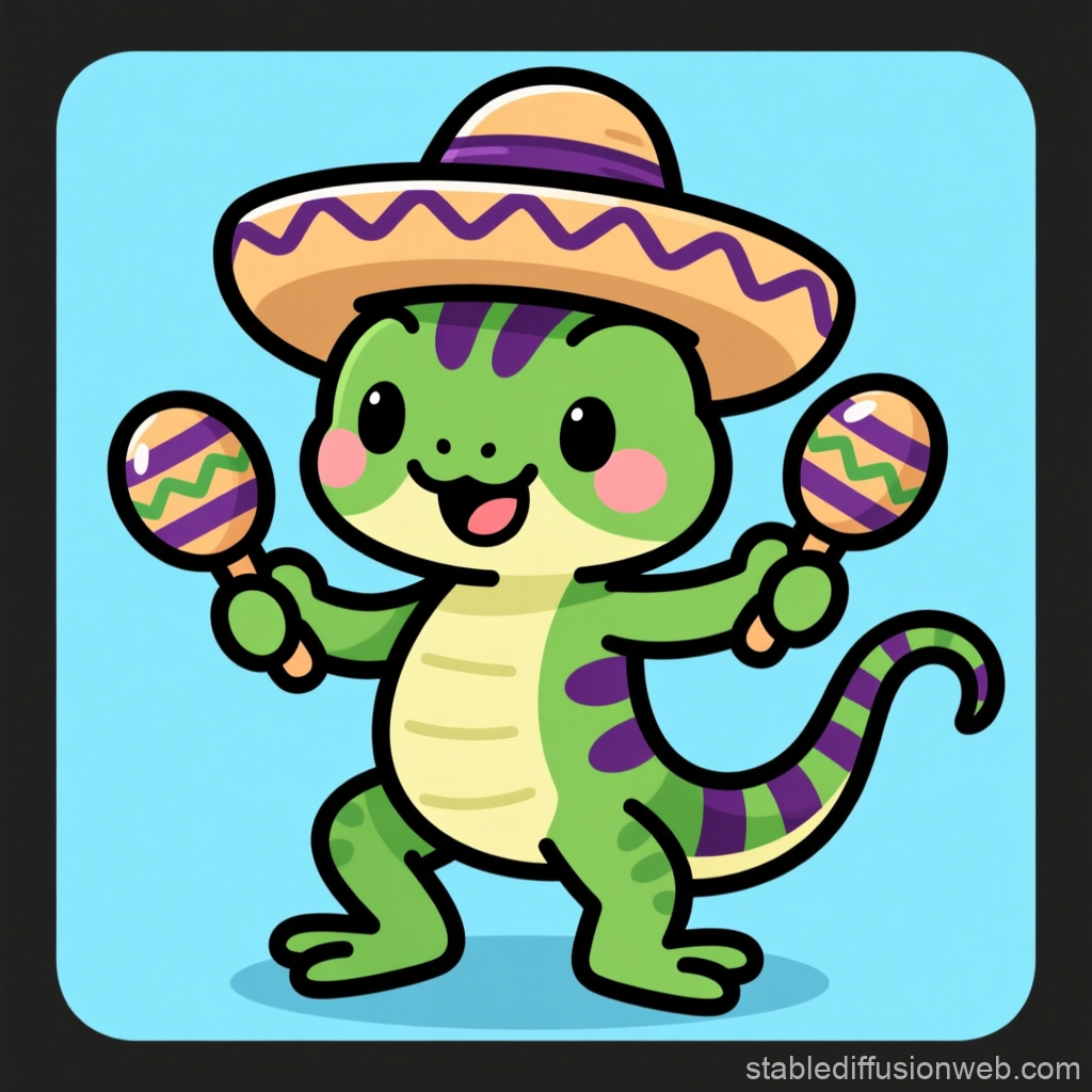 Cute Green Lizard Dancing with Maracas and Sombrero