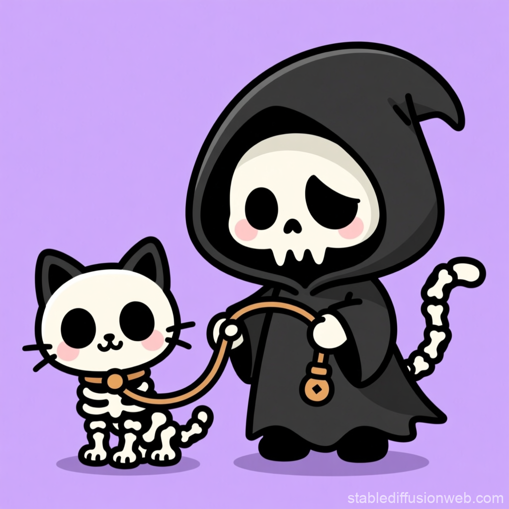 Cute Grim Reaper Walking a Skeleton Cat