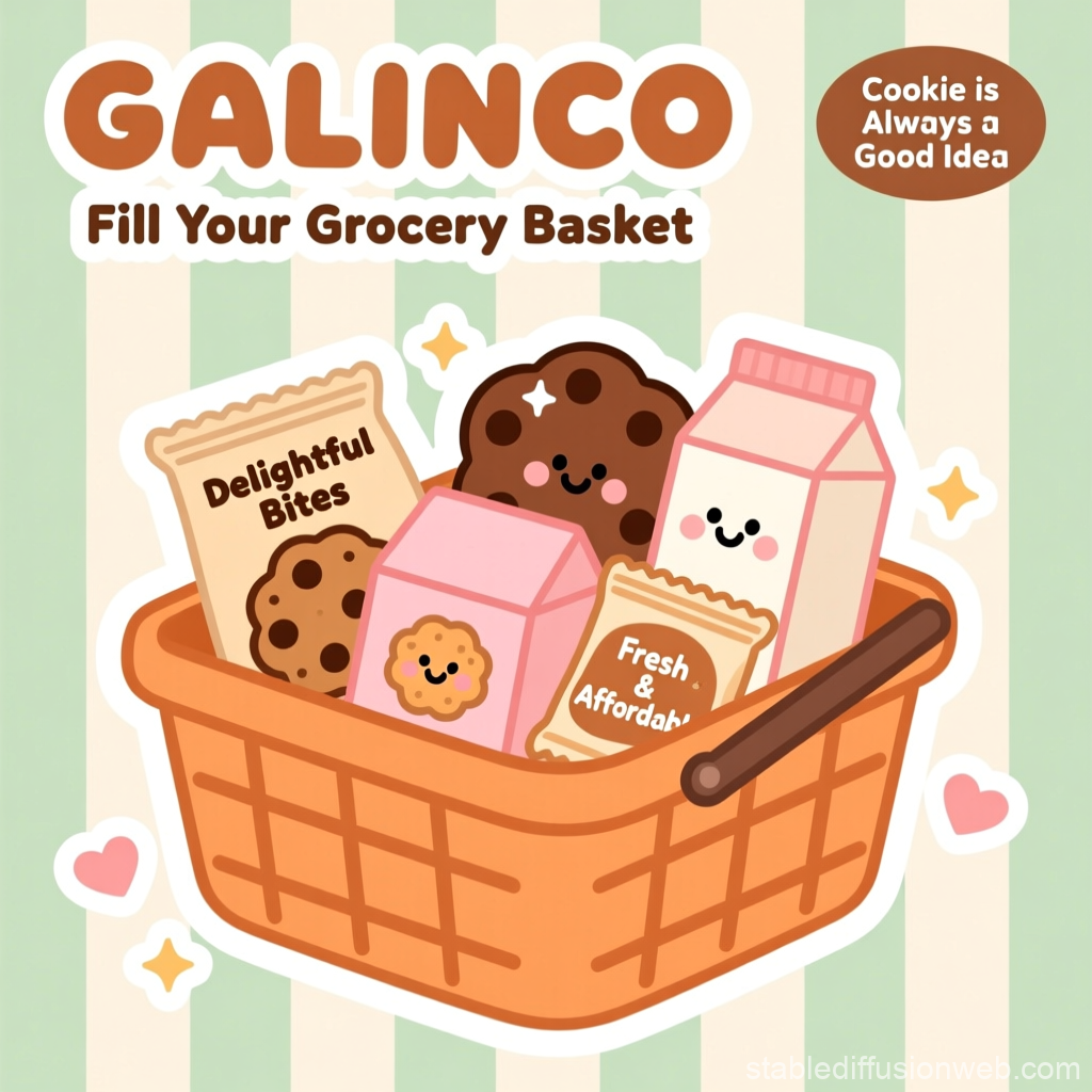 Cute Grocery Basket with Smiling Cookies and Milk