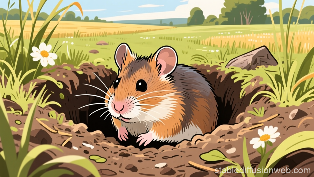 Cute Hamster Emerging from Its Hole in a Sunny Field