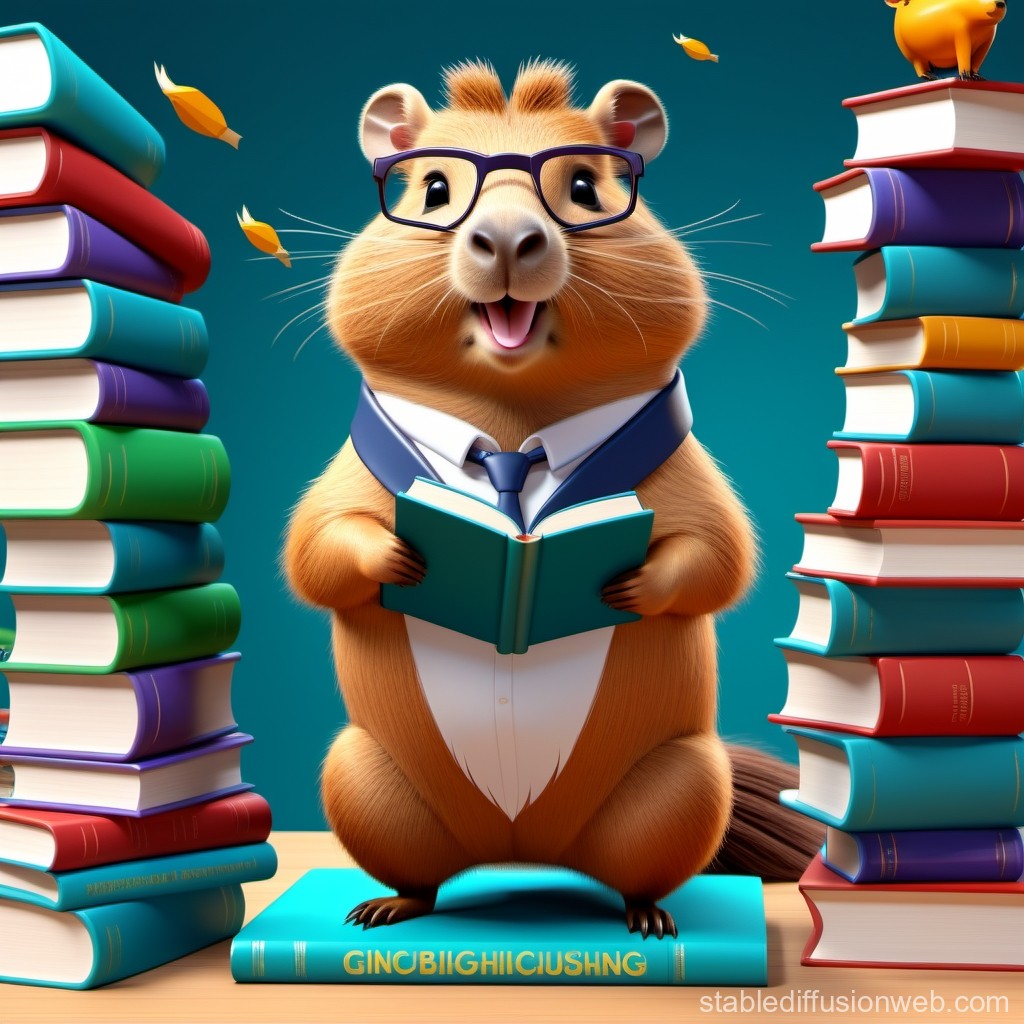 Cute Hamster Reading Books with Glasses and Tie