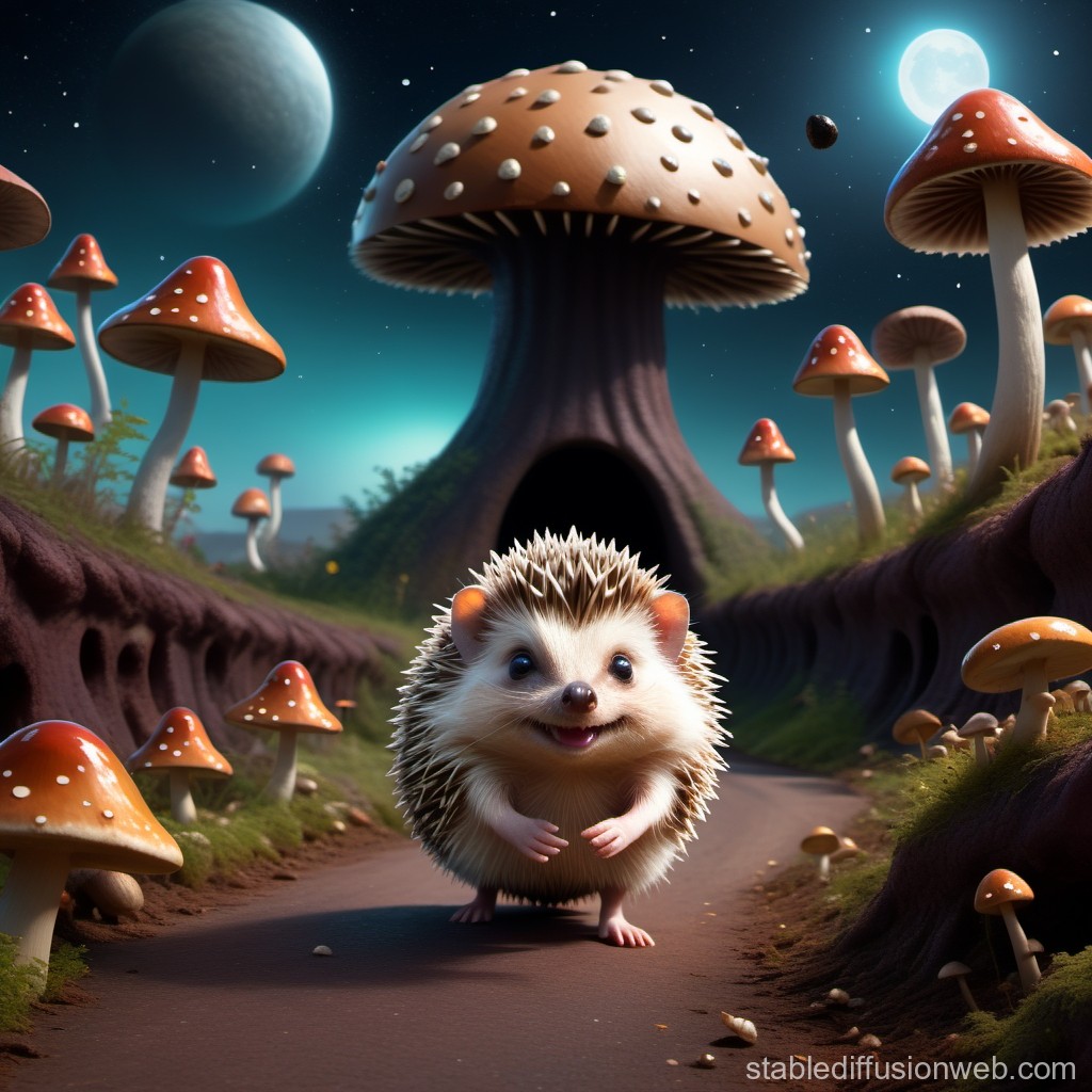 Cute Hedgehog in a Magical Mushroom Forest at Night