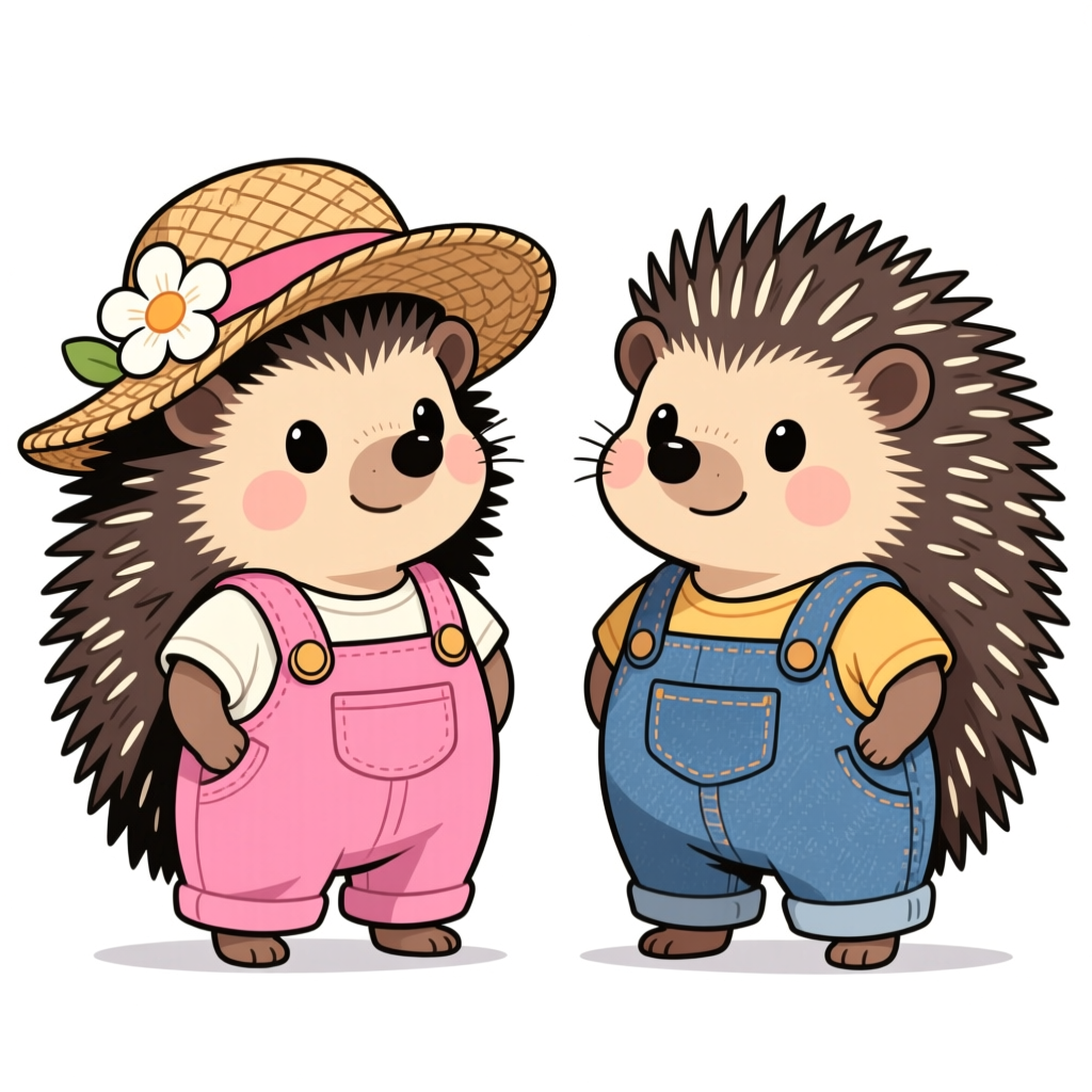 Cute Hedgehogs in Colorful Overalls
