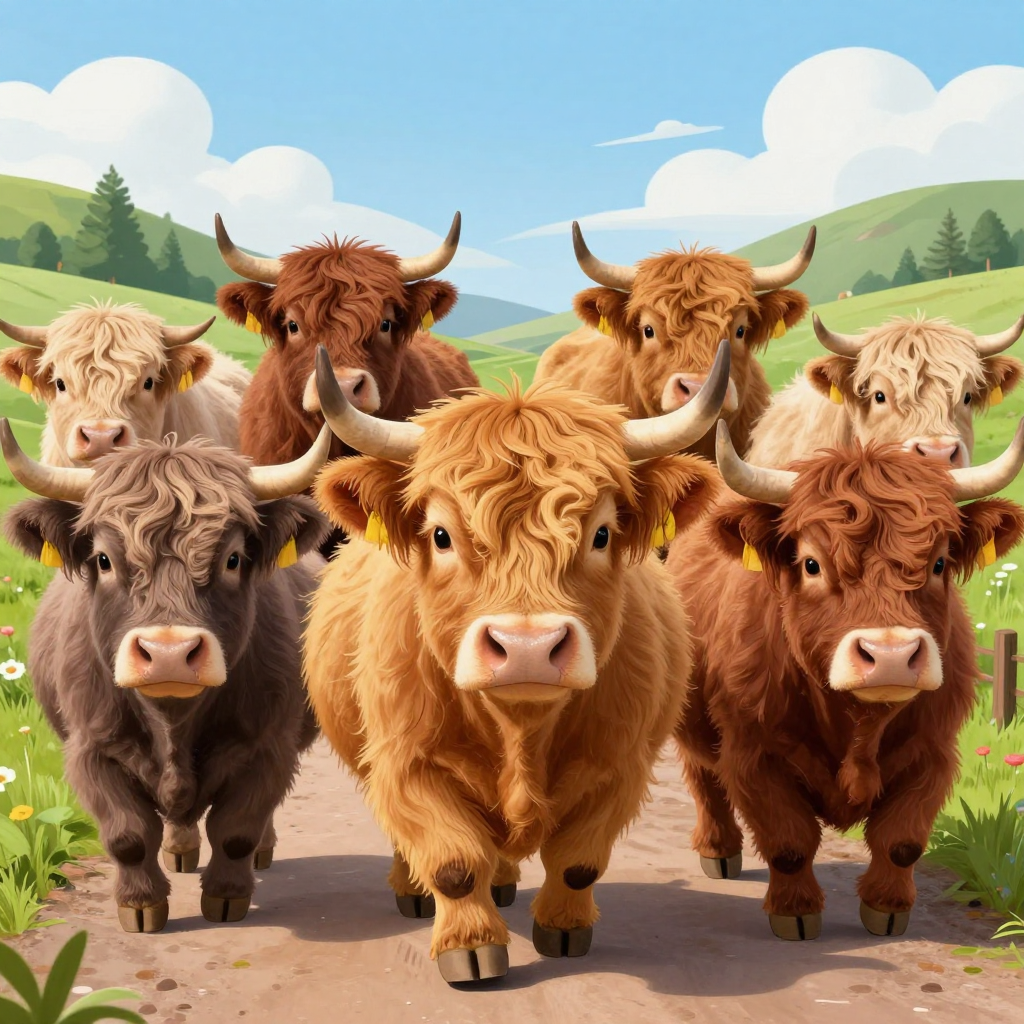 Cute Highland Cows on a Sunny Countryside Path
