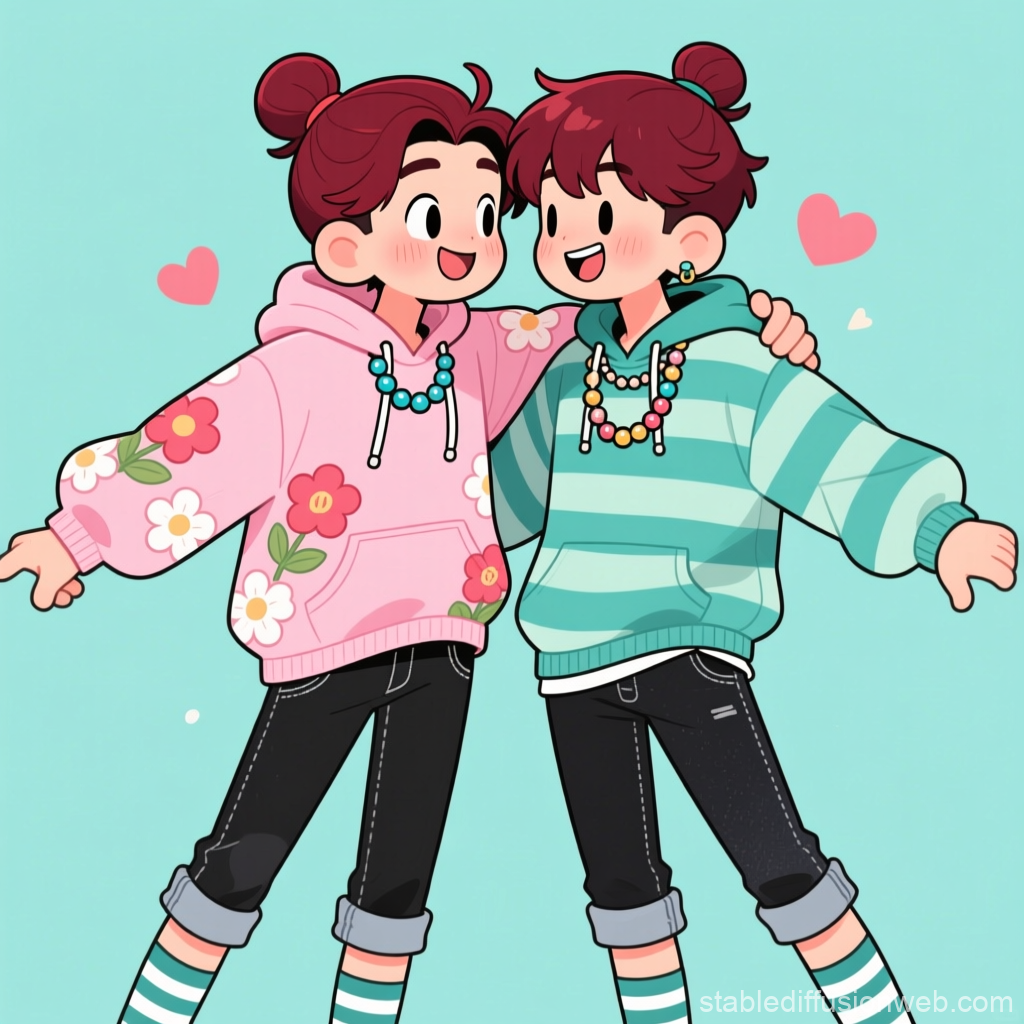 Cute Hipster Couple in Colorful Hoodies Cartoon