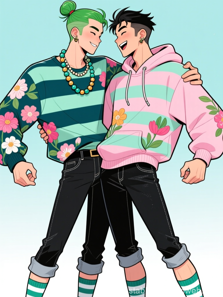 Cute Hipster Couple in Floral Sweaters Embracing