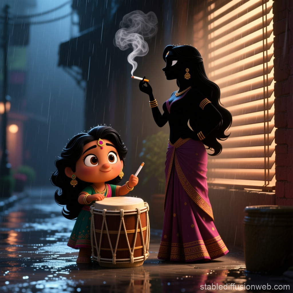 Cute Indian Drummer Girl with Silhouette Woman Smoking in Rain