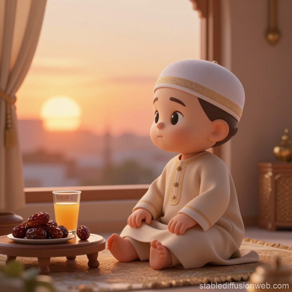 Cute Islamic Baby Sitting by Window at Sunset