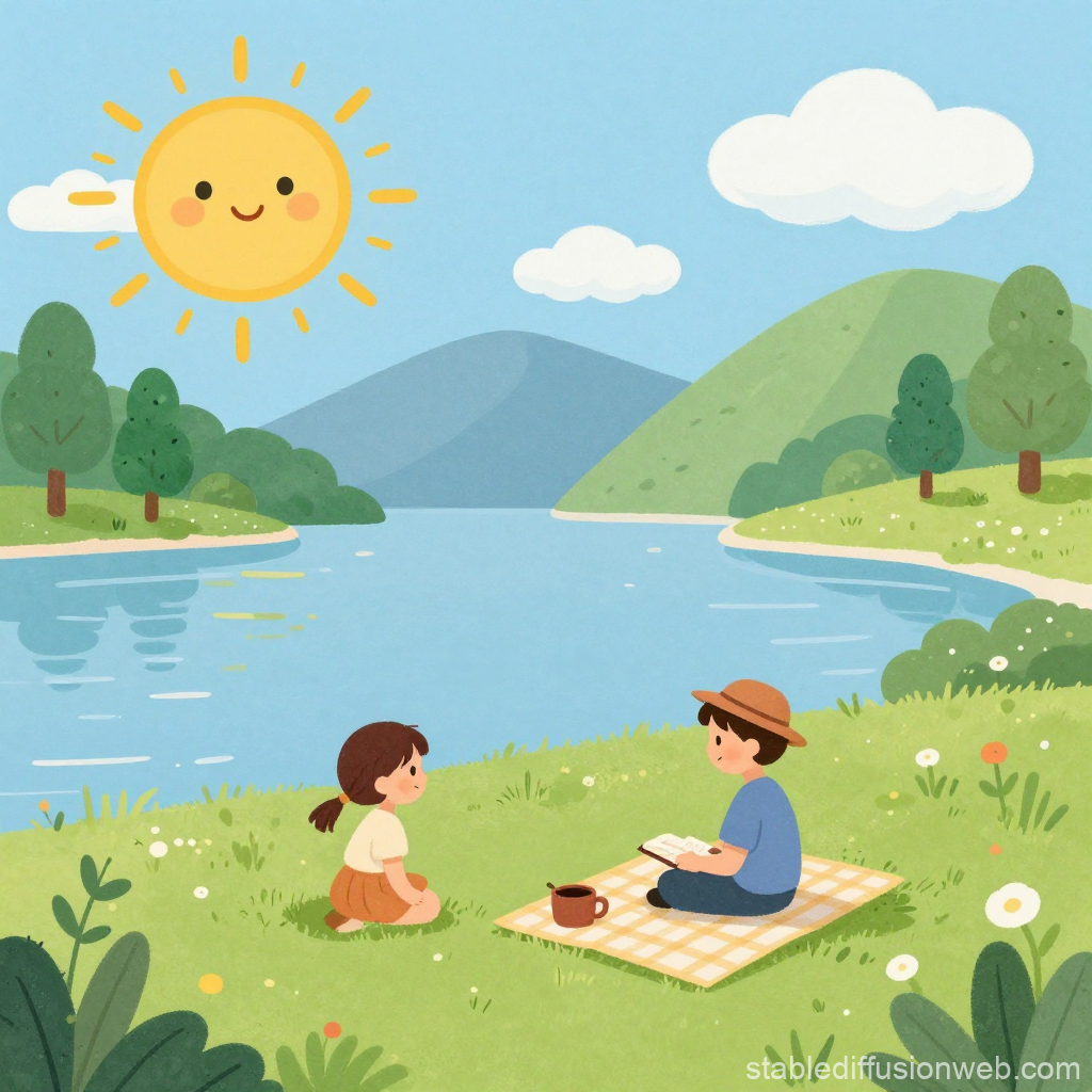 Cute Kids Enjoying a Sunny Picnic by the Lake