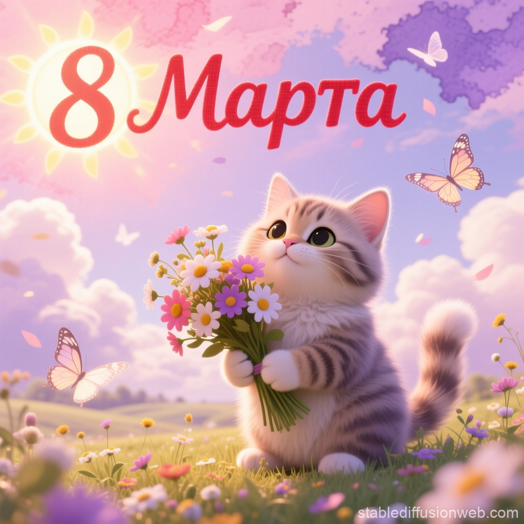 Cute Kitten Holding Flowers on 8th March Celebration