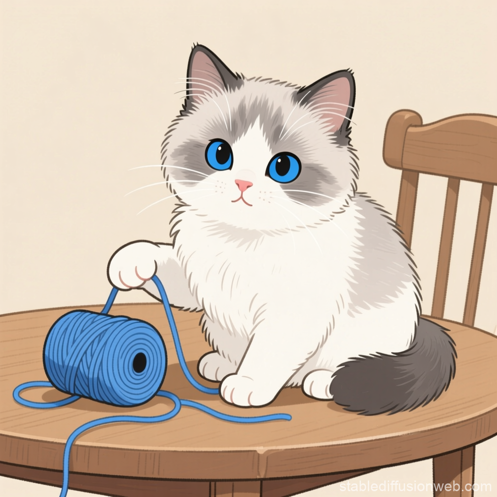Cute Kitten Playing with Blue Yarn on Wooden Table