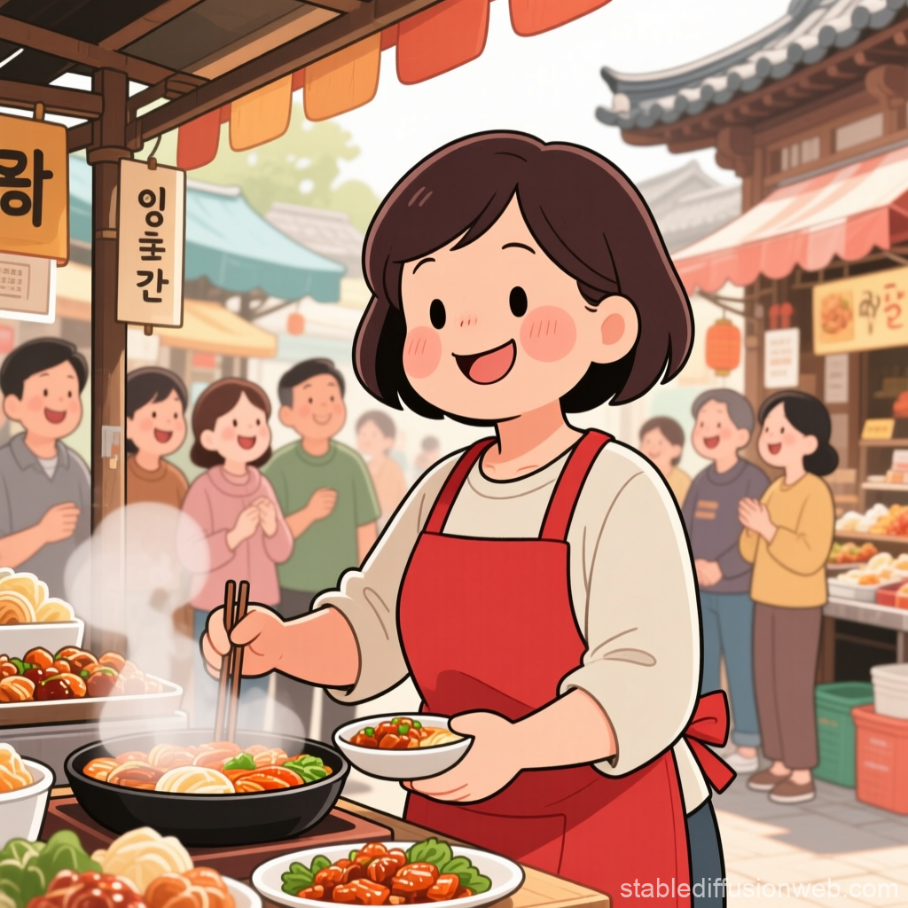 Cute Korean Vendor Serving Delicious Street Food