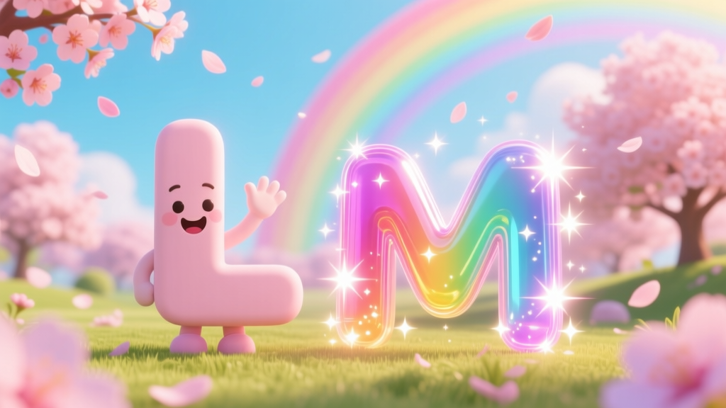 Cute Letter L Waving Goodbye Next to Sparkling Rainbow Letter M