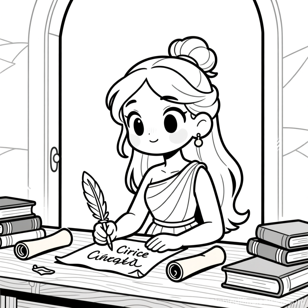 Cute Line Art of Woman Writing with Quill
