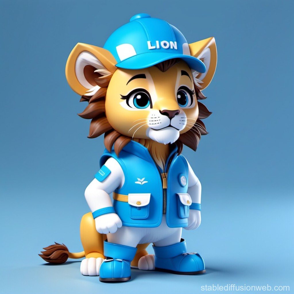 Cute Lion Character in Blue Outfit and Cap