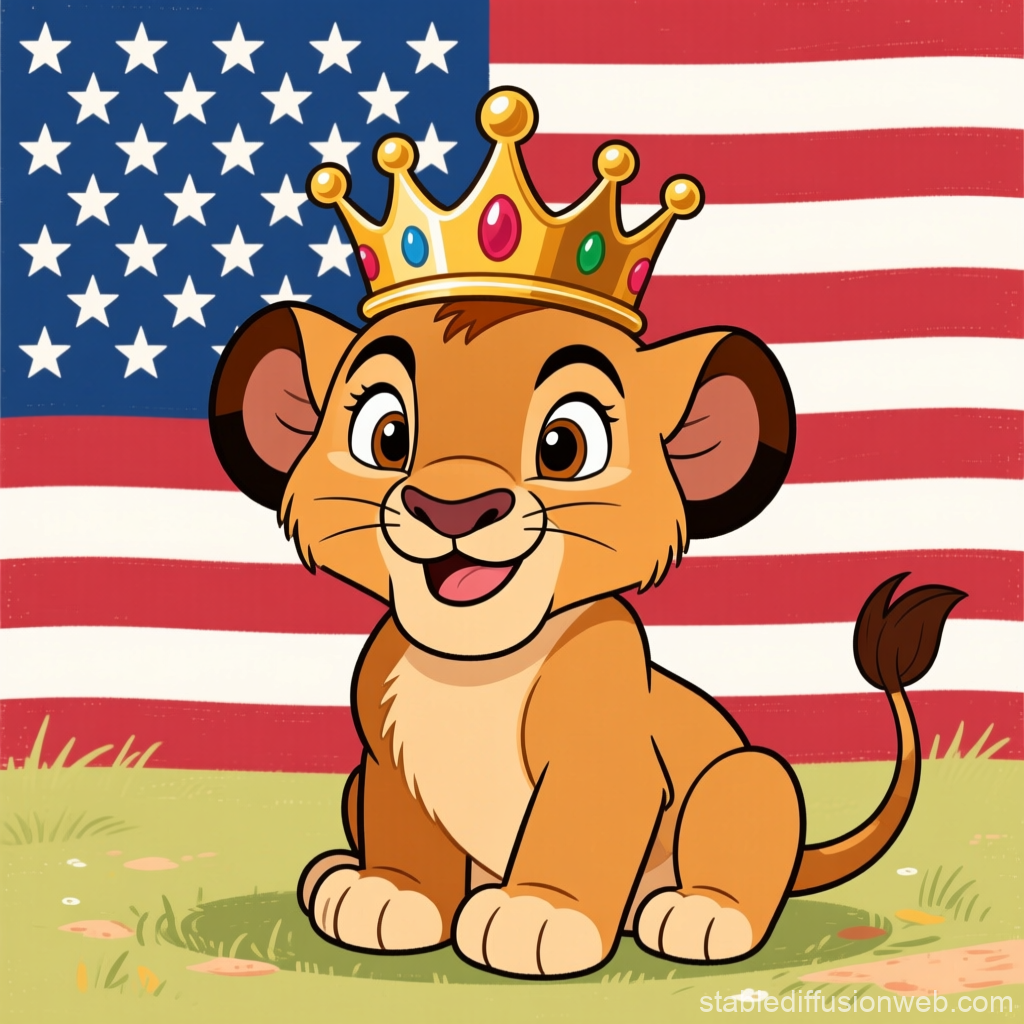 Cute Lion Cub with Crown in Front of American Flag