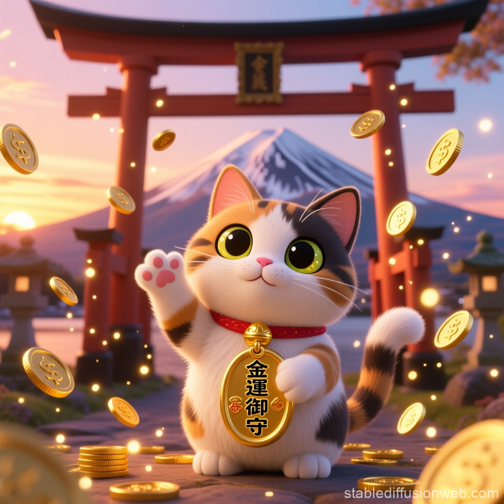 Cute Lucky Cat Waving with Gold Coins at Japanese Shrine
