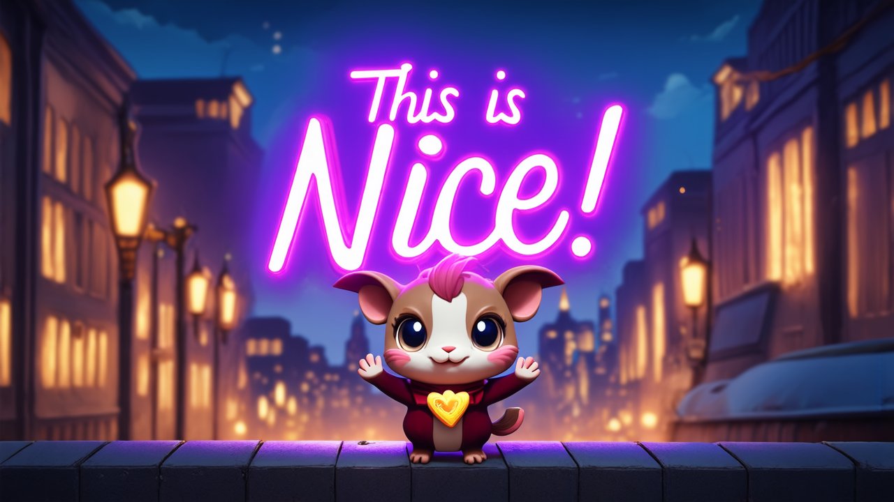 Cute Magical Creature with Neon 'This is Nice!' Sign