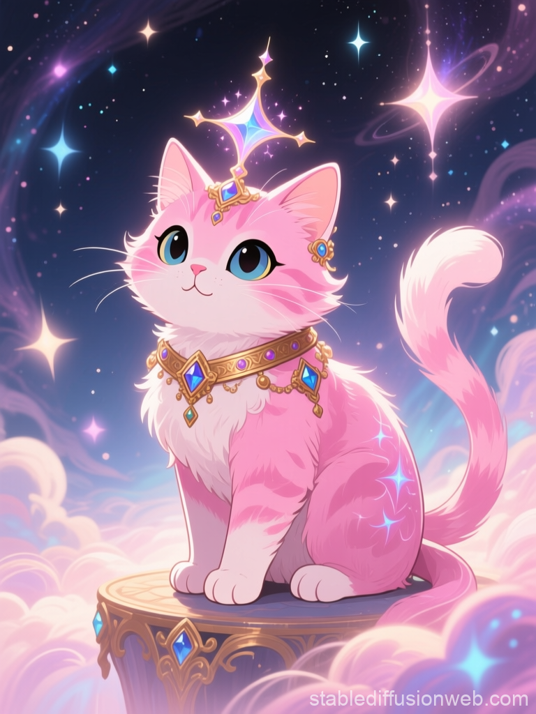 Cute Magical Pink Cat with Jewels in a Fantasy Sky