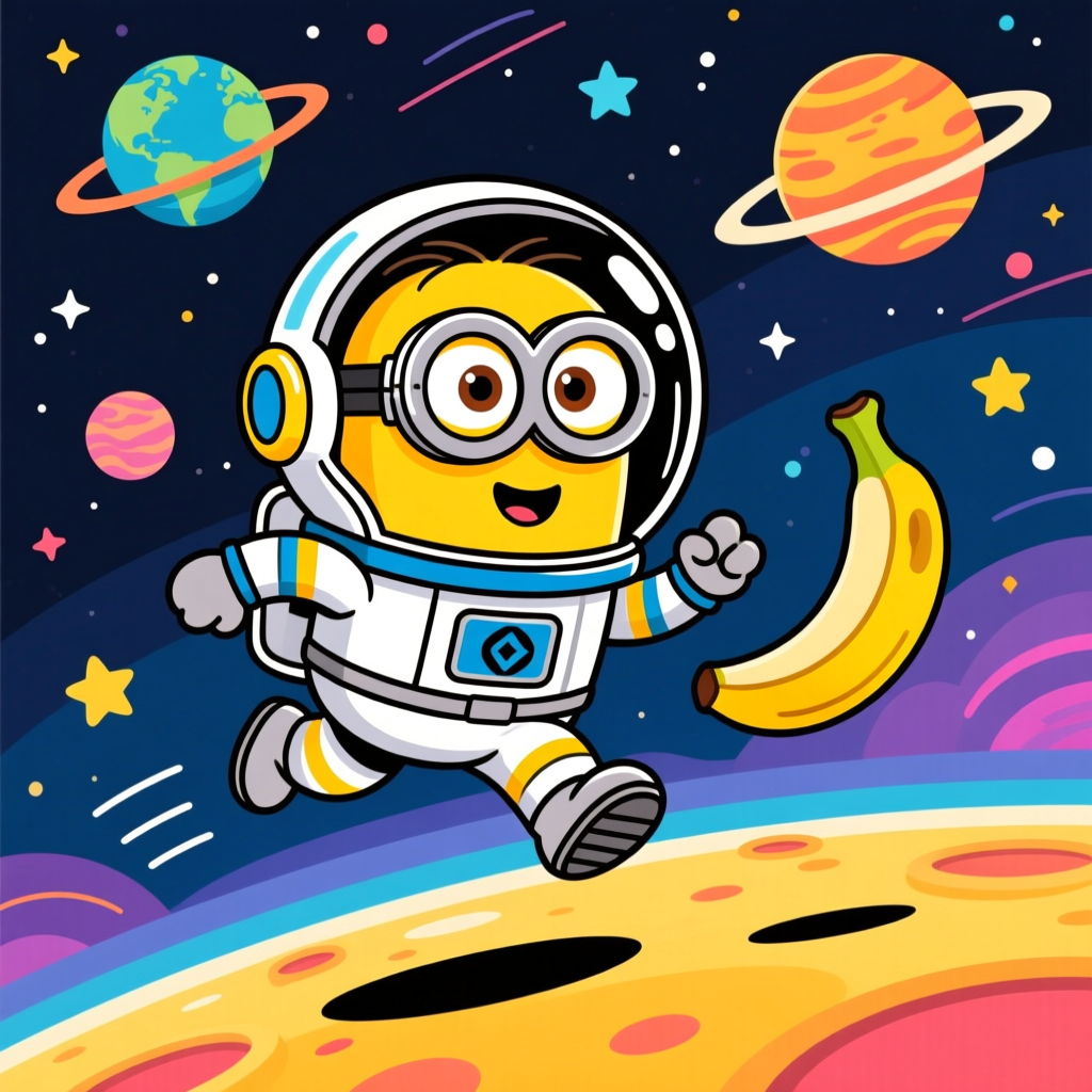 Cute Minion Astronaut Chasing a Banana in Space