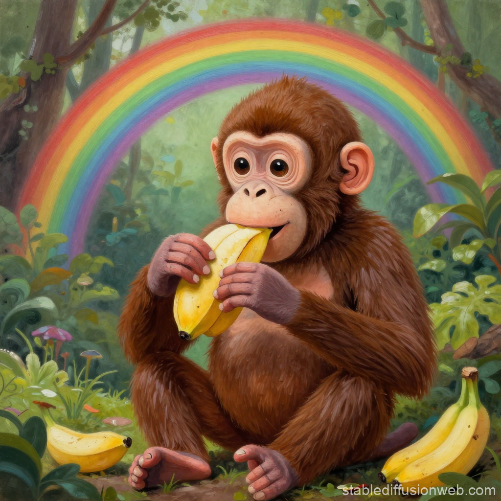 Cute Monkey Eating Banana with Rainbow in Forest