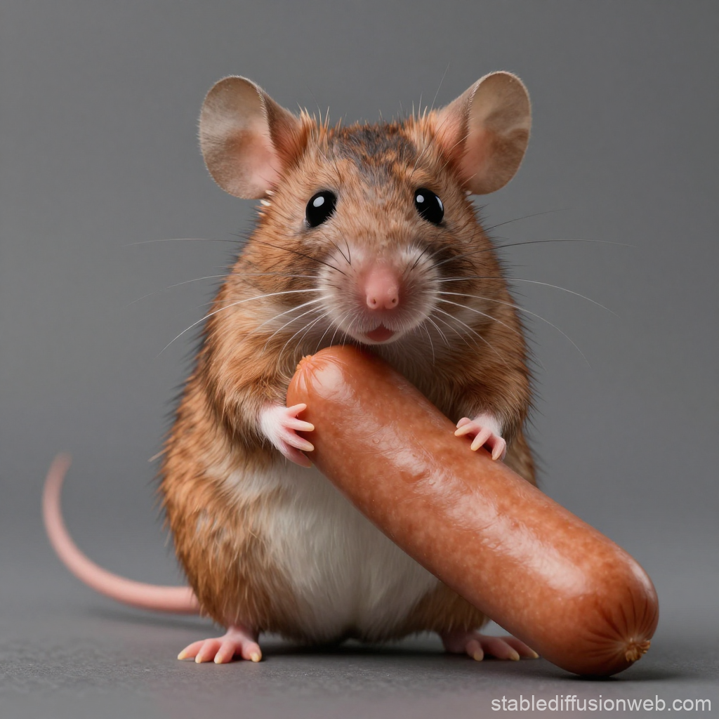 Cute Mouse Holding a Large Sausage