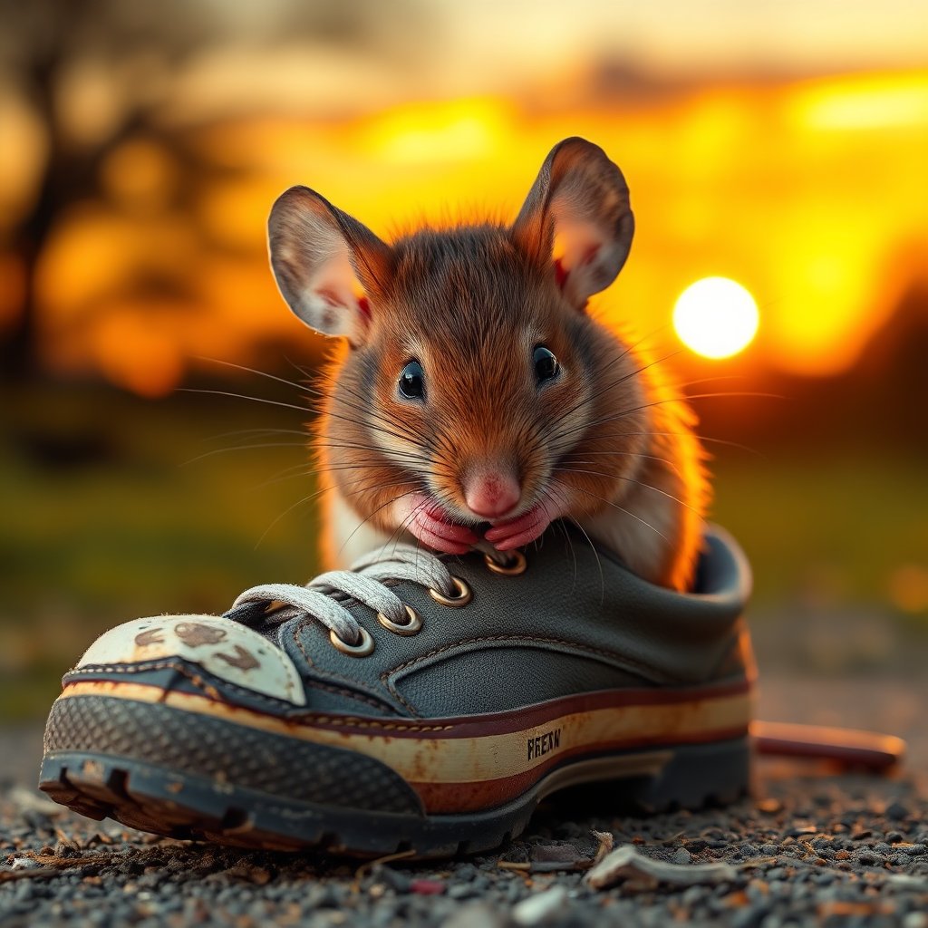 Cute Mouse Nestled in a Shoe at Sunset