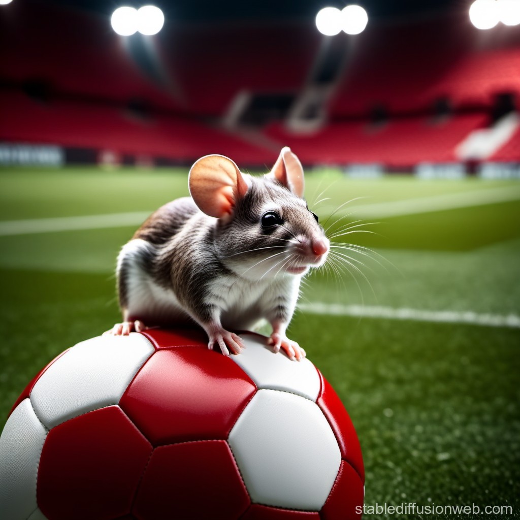 Cute Mouse Sitting on a Soccer Ball in a Stadium