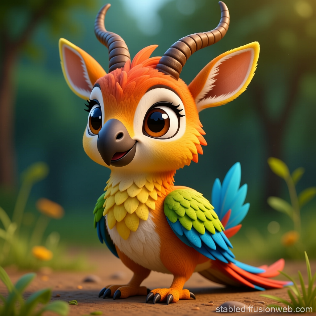 Cute Mythical Hybrid Creature with Parrot and Gazelle Features