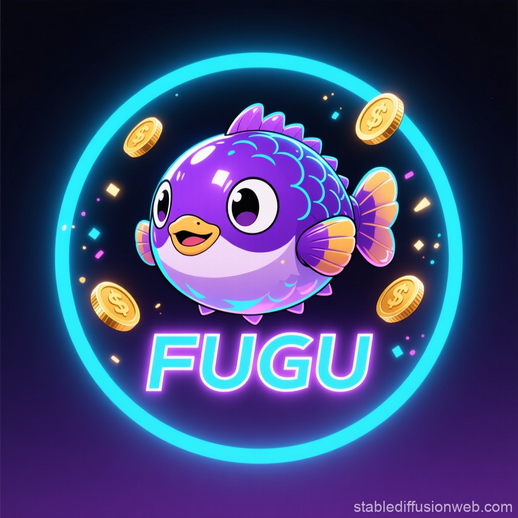 Cute Neon Fugu Fish Avatar with Floating Coins