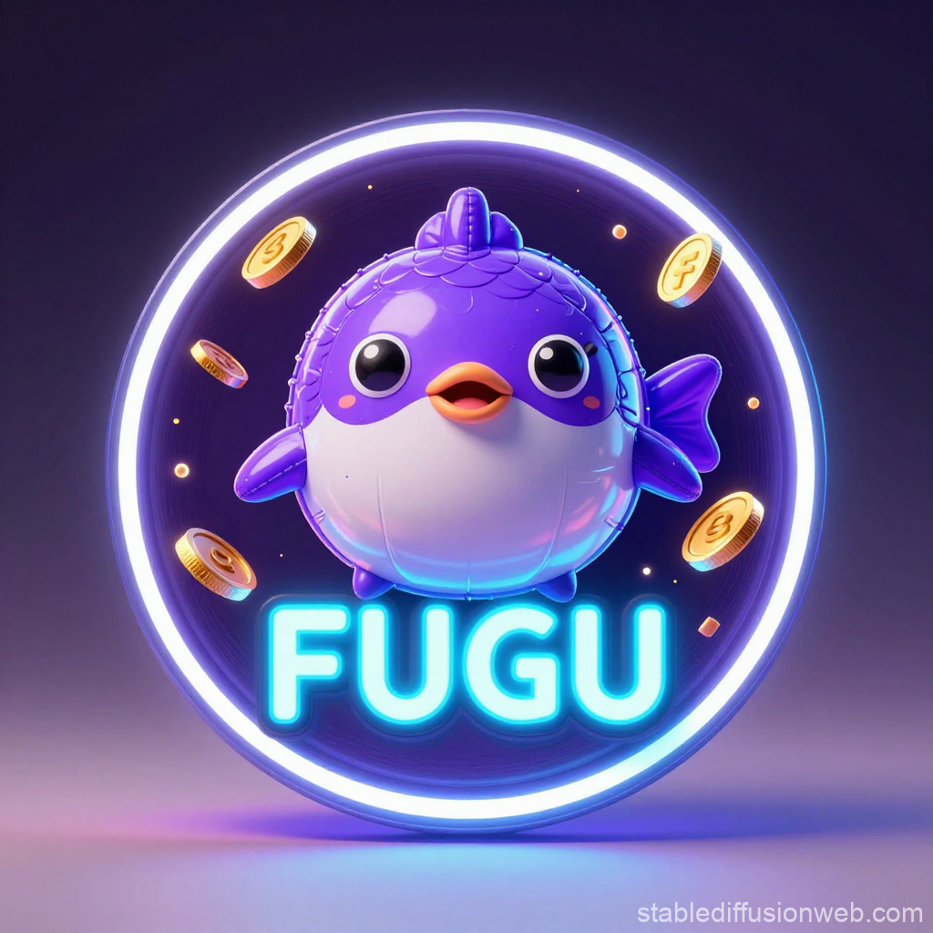 Cute Neon Fugu Pufferfish Avatar with Floating Coins