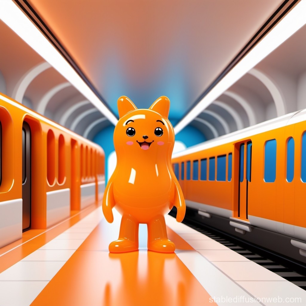 Cute Orange Character at Modern Train Station