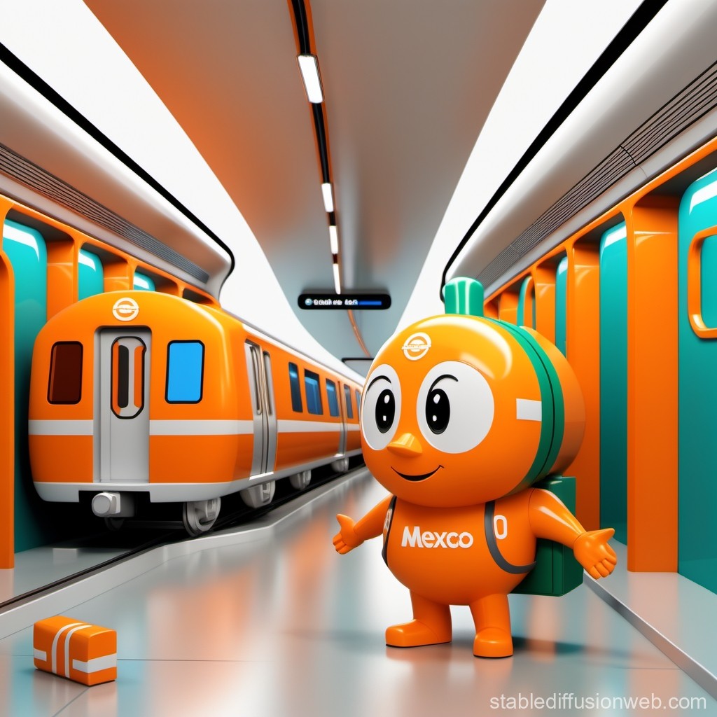 Cute Orange Mascot at Modern Subway Station