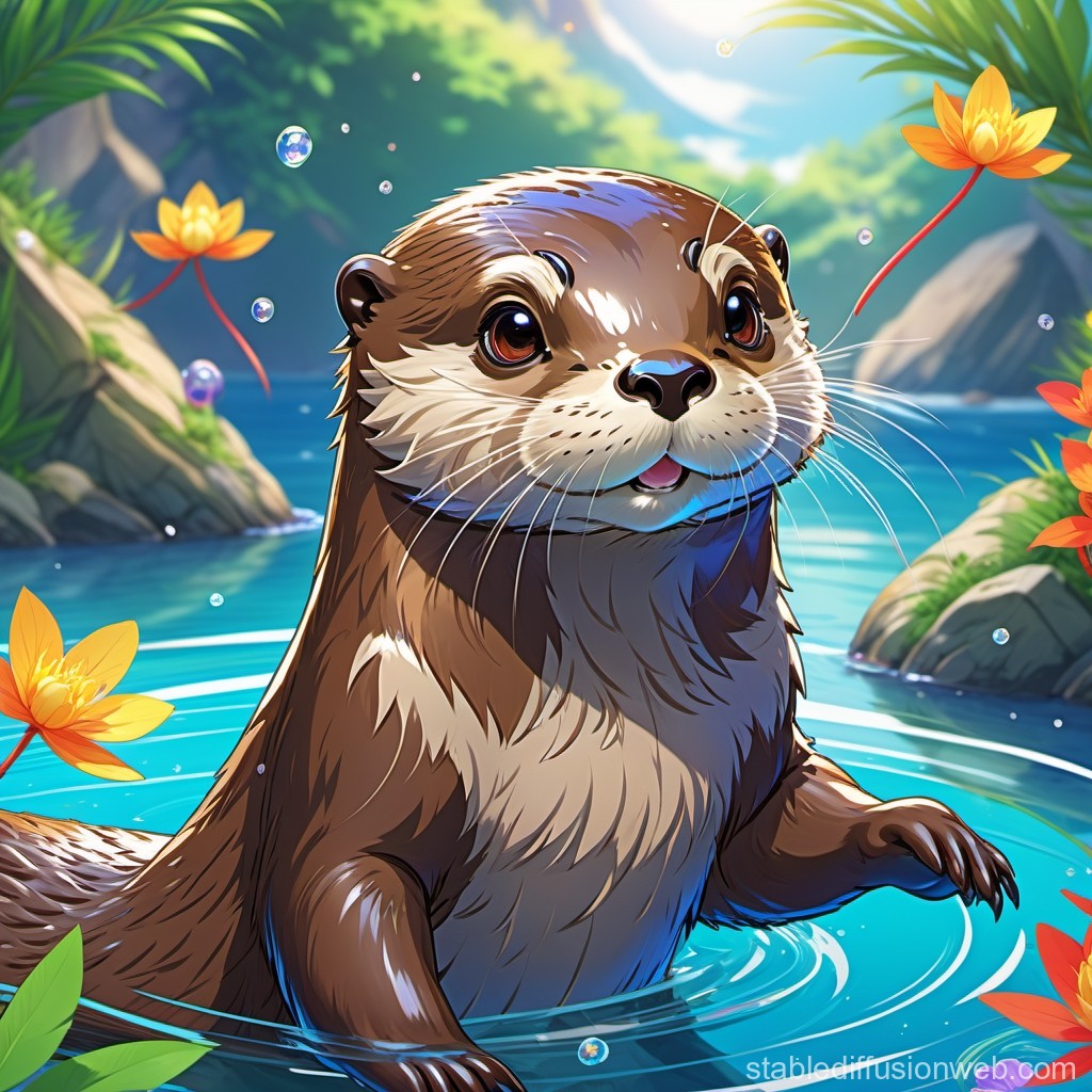 Cute Otter in a Vibrant River Scene